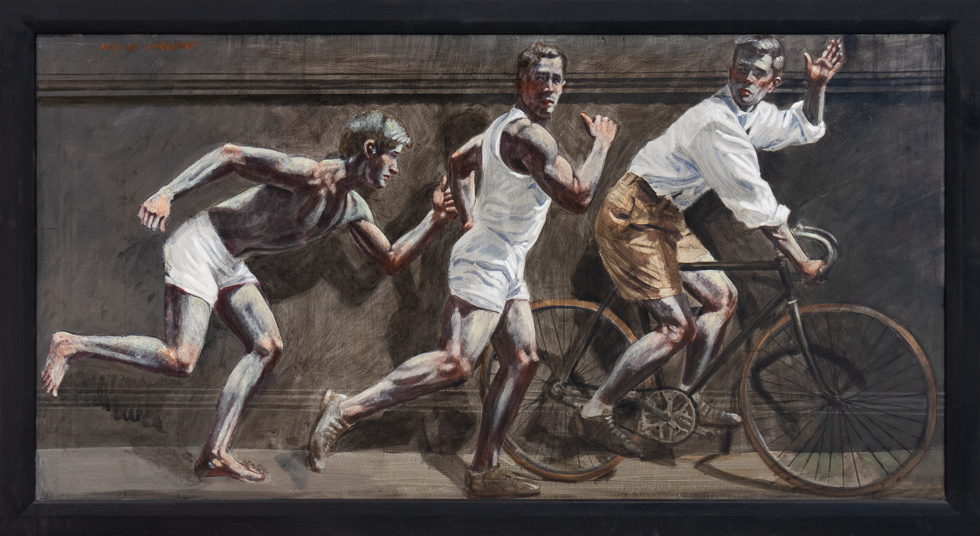 This is a painting of two runners and one cyclist.