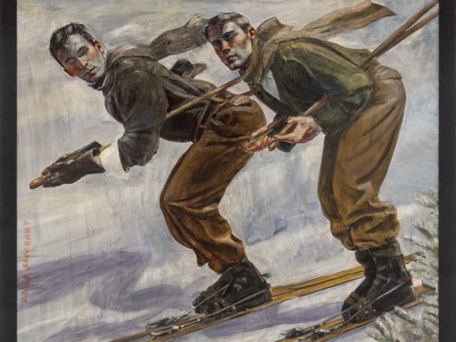 This is a painting of two men in green and brown outfits skiing down a snowy slope with a tree in the lower right.
