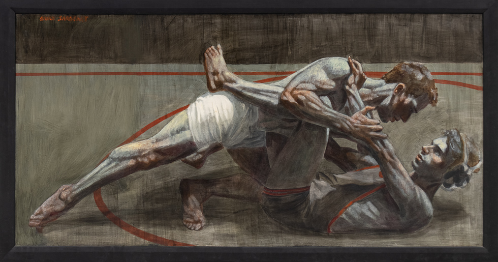 This is a painting displayed in a black frame depicting two male wrestlers fighting in a ring.
