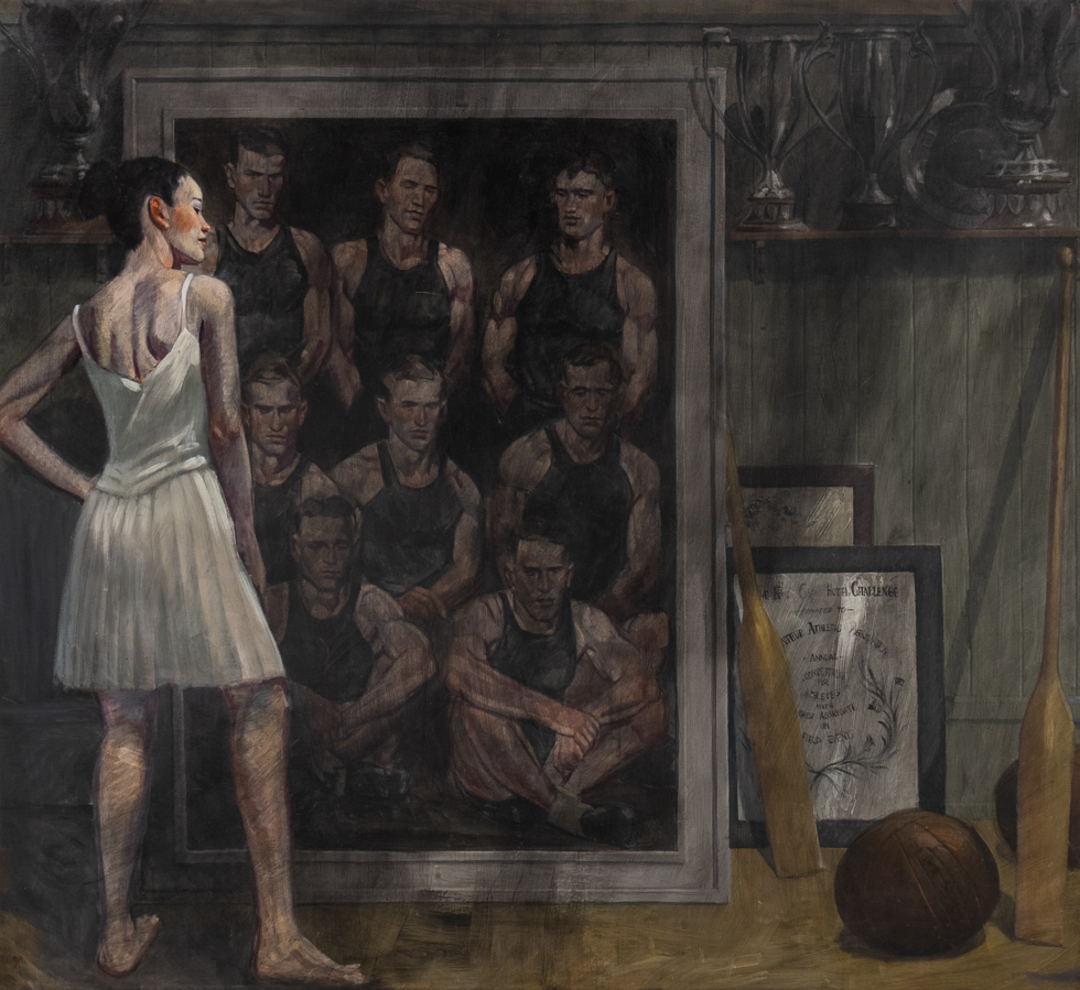 a Woman in a White dress Admiring a Team Portrait.