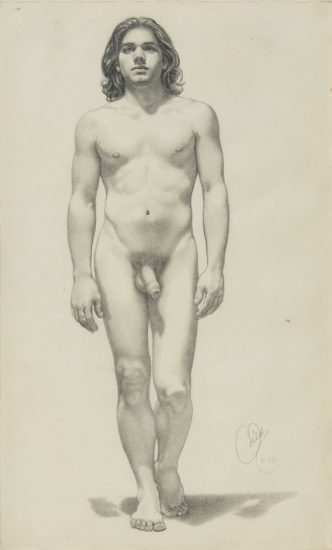 This is a graphite drawing of a nude man in a contrapposto stance.