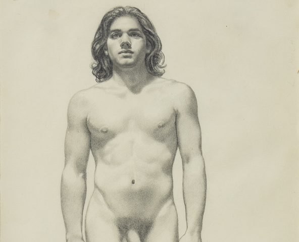 This is a drawing of a nude man in a contrapposto stance.