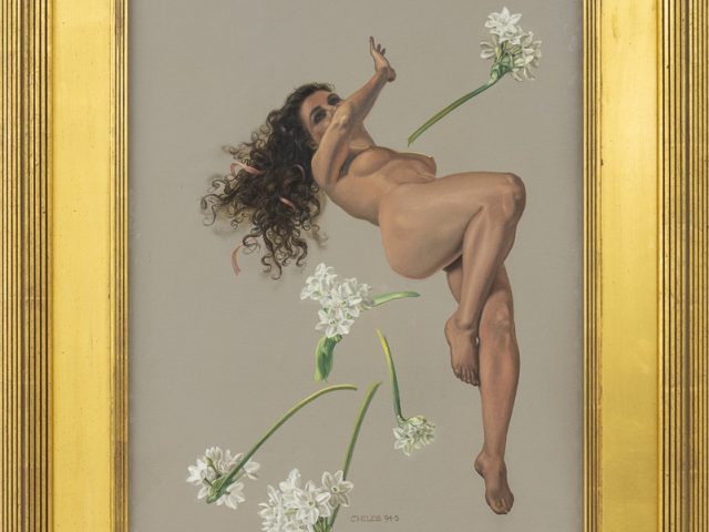 This is a painting of a falling woman with flowers in gilded frame