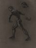 This is a drawing of naked man in profile with a wide gait on brown paper.