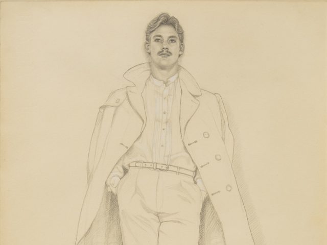 A drawing of a man in an overcoat
