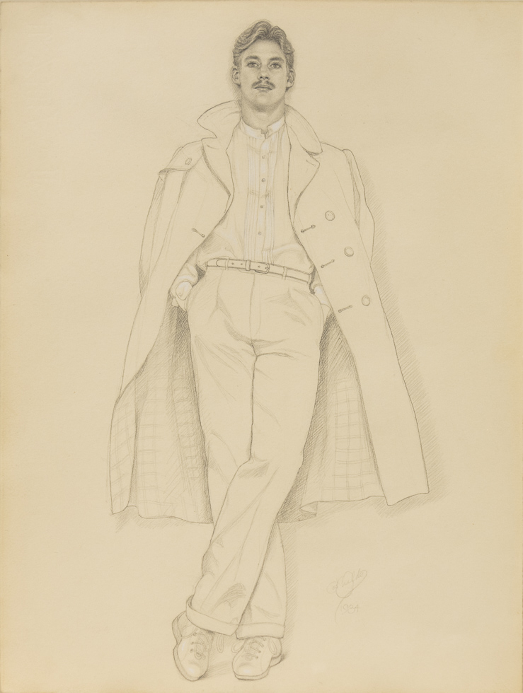 This is a detailed pencil drawing of a man in an overcoat.