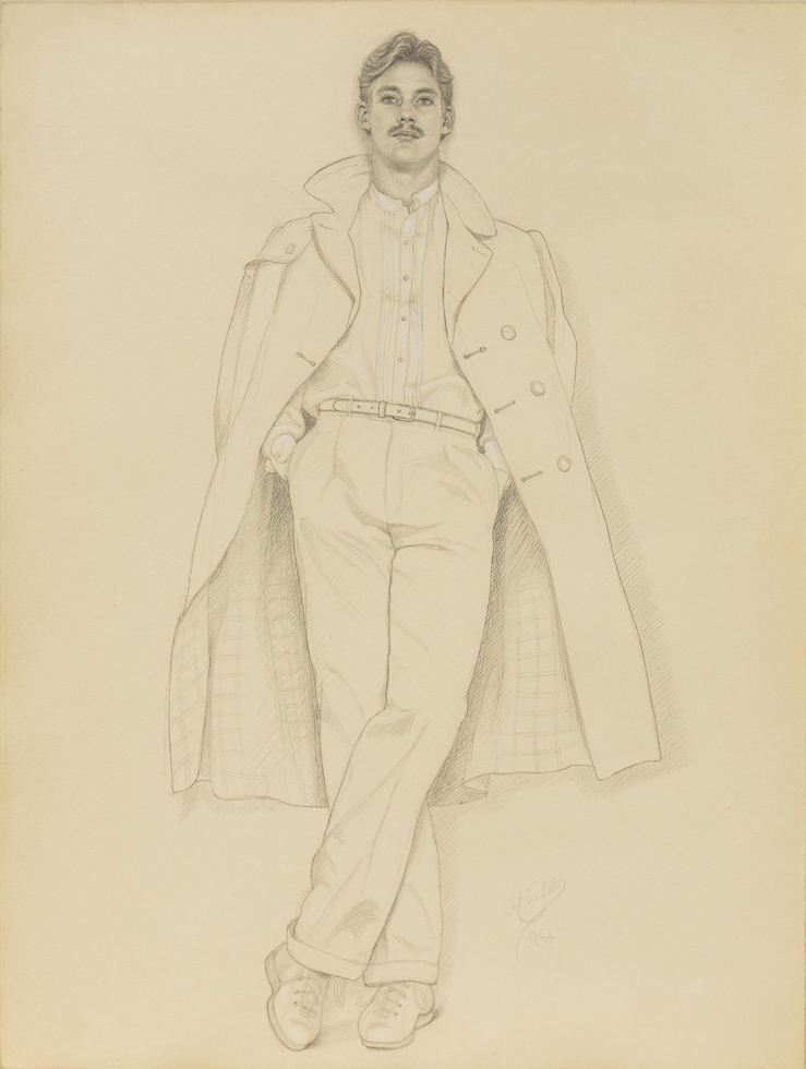 This is a detailed pencil drawing of a man in an overcoat.