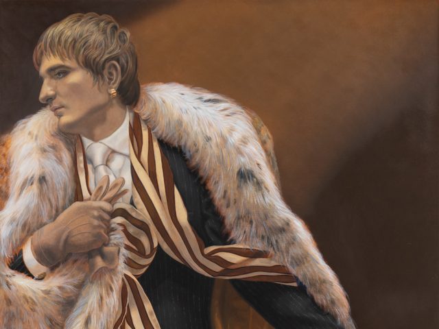 This is a painting of a man in a fur coat and striped scarf.