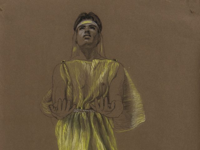 This is a drawing of a man in a flowing yellow dress and headband.