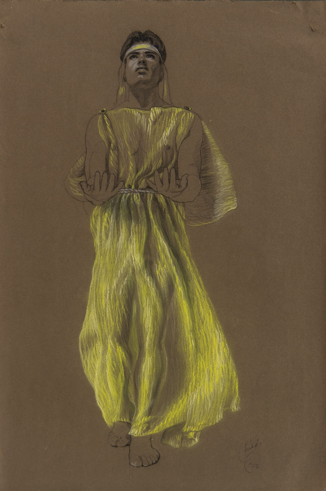 This is a drawing of a man in a flowing yellow dress and headband.