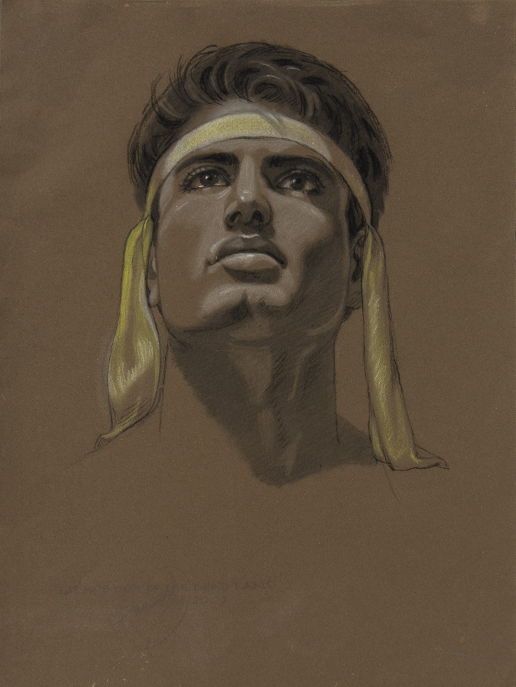 This is a drawing on brown paper of a man with a yellow head scarf.