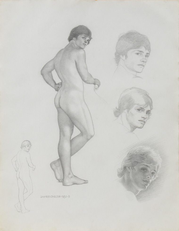 This is a graphite drawing of a nude man from the side with various head sketches stacked on the right and another small study of the man on the lower left.