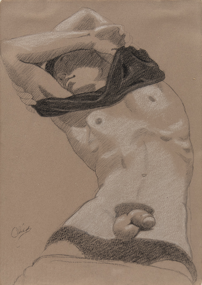 A drawing of a nude man taking off his shirt