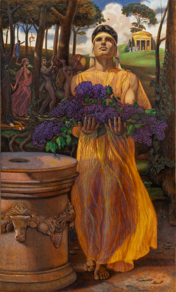 A painting of a man in a flowing orange robe holding lilacs.