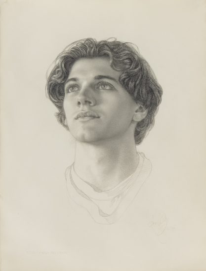 This is a graphite portrait of a young man with dark hair looking up.