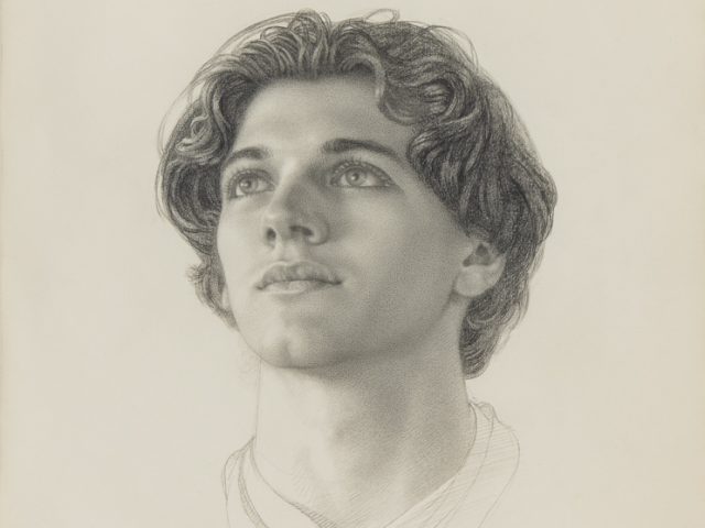 This is a graphite portrait of a young man with dark hair looking up.