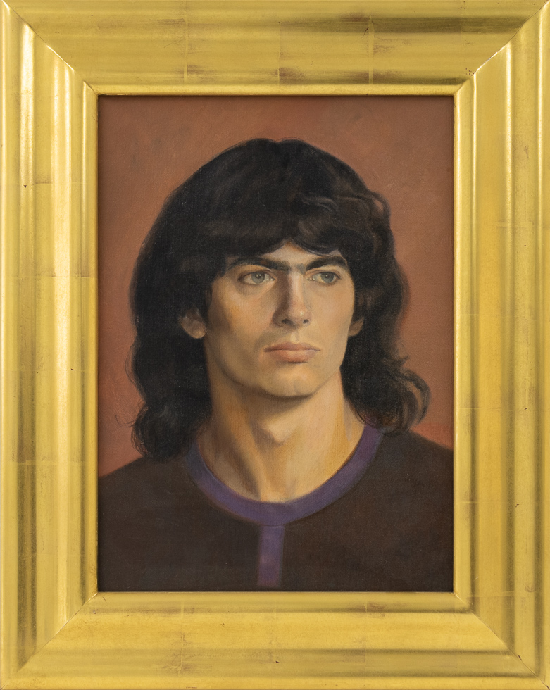 A painting in a gold gilded frame of a long- haired man in a brown shirt against a peach-colored background from the chest up.