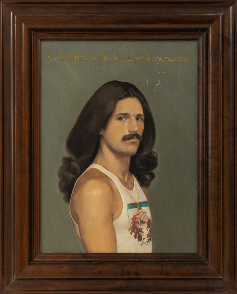 A painting of a man with a mustache and long hair.