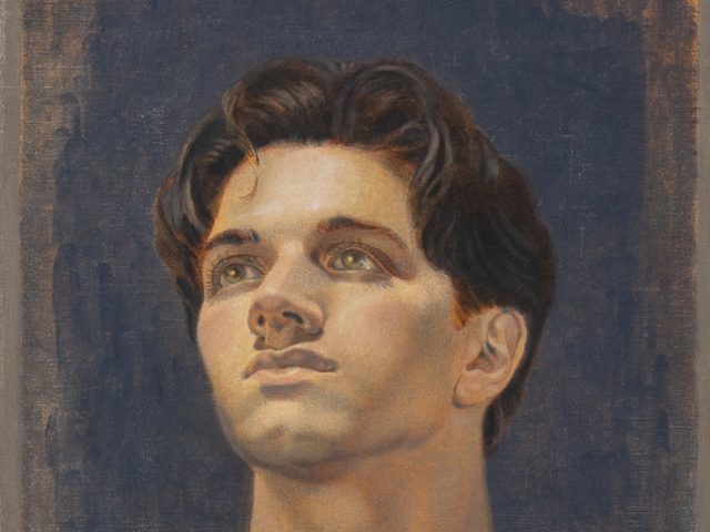 This is a painting of a shirtless man against a blue background.