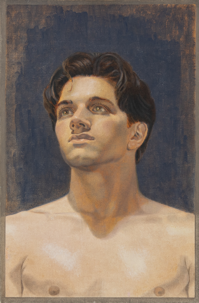 This is a painting of a shirtless man against a blue background.