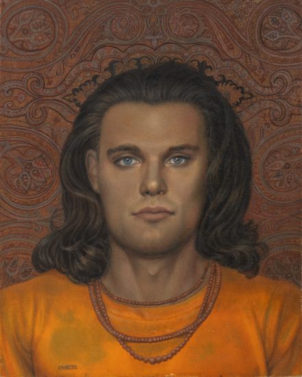 This is a painting of a man in an orange shirt against a paisley background.