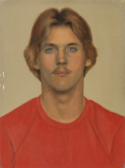 This is a painting of a man with blond hair in a red shirt.