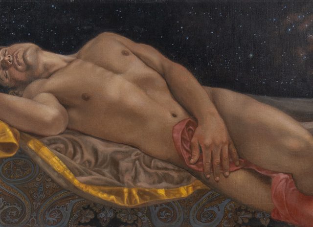 This is a painting of a resting male nude on an Oriental carpet with fabrics beneath a starry sky.