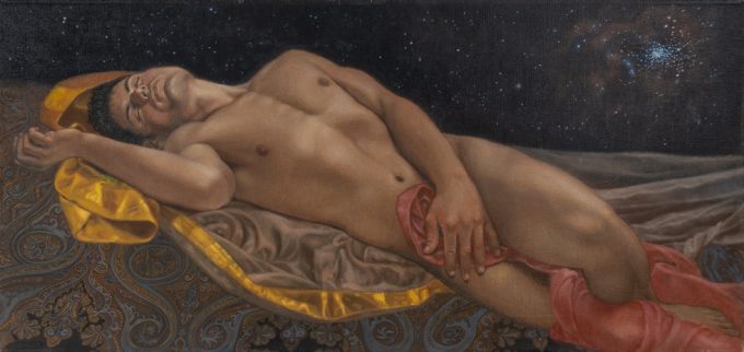 This is a painting of a resting male nude on an Oriental carpet with fabrics beneath a starry sky.