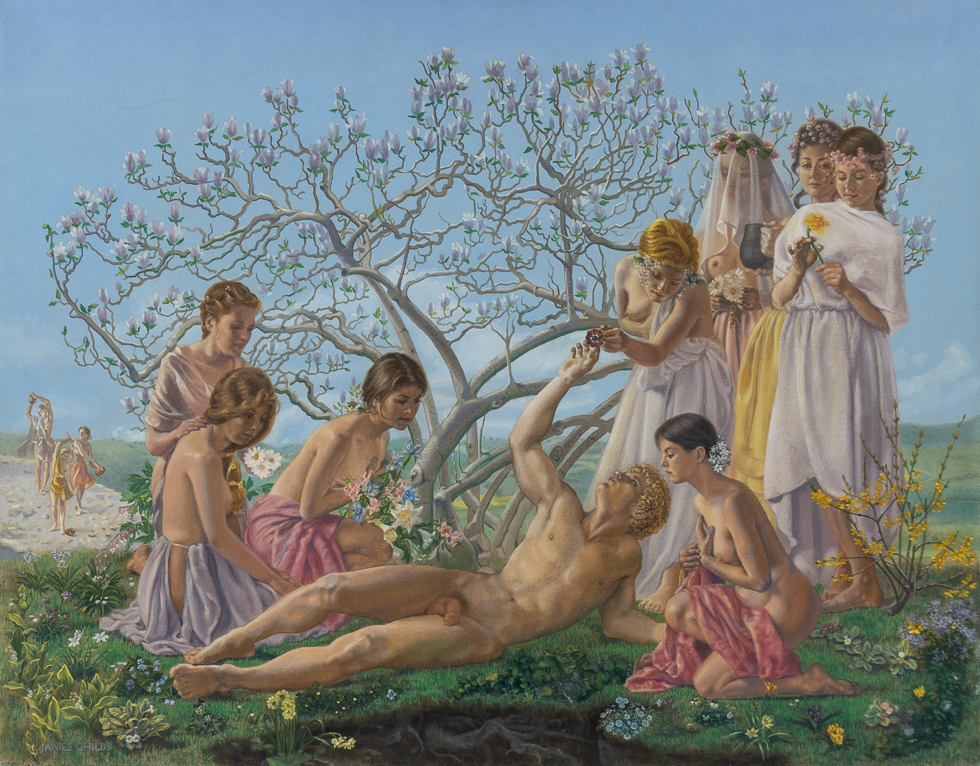 This is a serene leisure scene with nude and clothed figures.