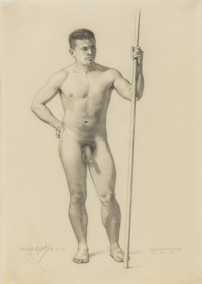 A drawing of a naked man holding a spear