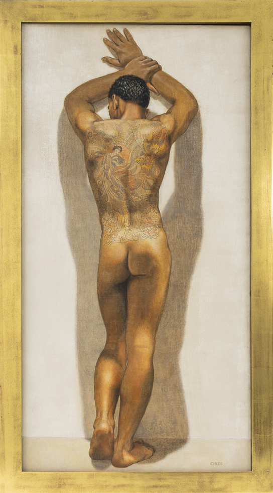 This is a painting of the back of a nude man with his arms raised with back tattoos in a gold-gilded frame.