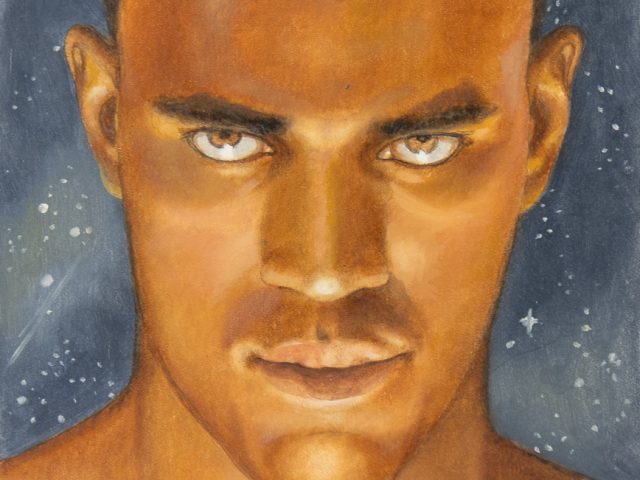 A painted head portrait of a man with dark hair against a starry sky.