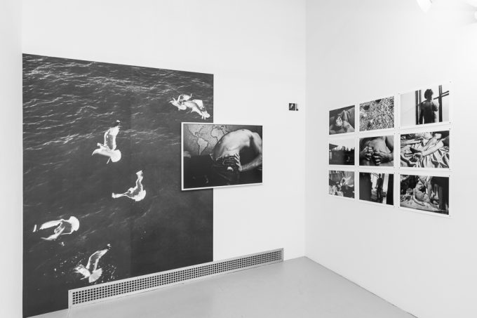 This is a photograph of a white-walled art gallery with black and white photographs on the wall.