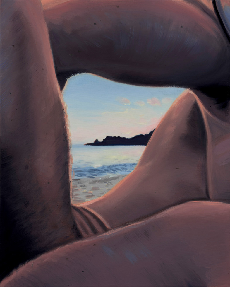 This is a painting of pink skin in a contorted position around a view of water and rocks.