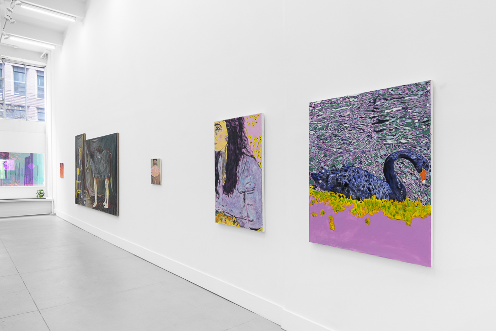 This is a photograph of a white-walled art gallery with colorful contemporary figurative paintings.