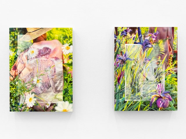 A colorful duo of paintings displayed on a pristine white gallery wall.