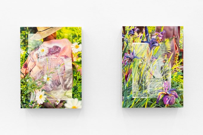 A colorful duo of paintings displayed on a pristine white gallery wall.