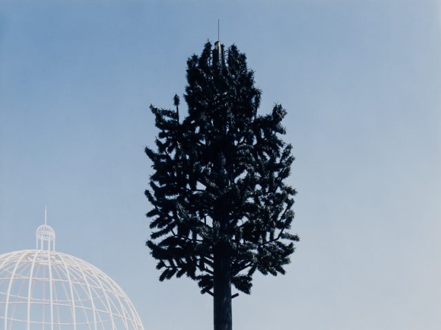 This is a photograph of a fake tree against a blue sky background.