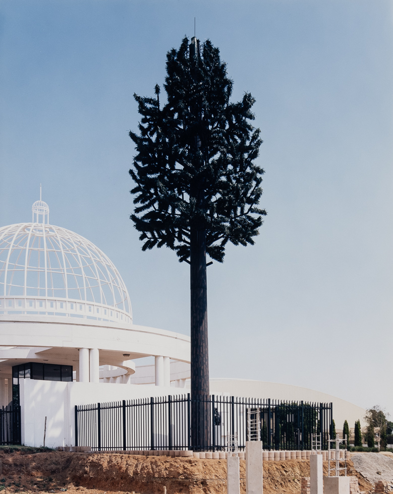 This is a photograph of a fake tree against a blue sky background.