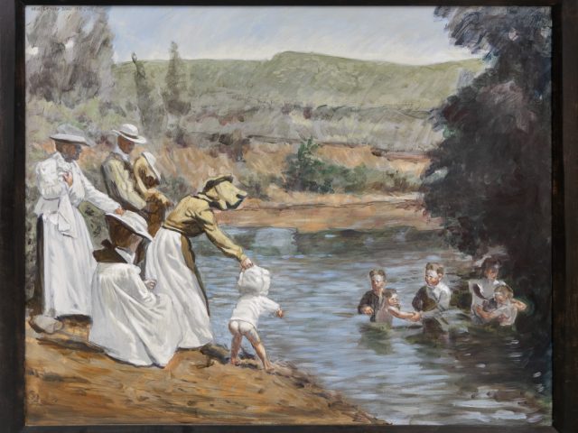 This is a painting of a family swimming in a creek in old-fashioned attire.