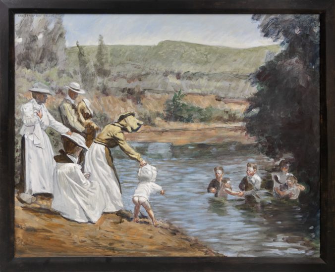 This is a painting of a family swimming in a creek in old-fashioned attire.