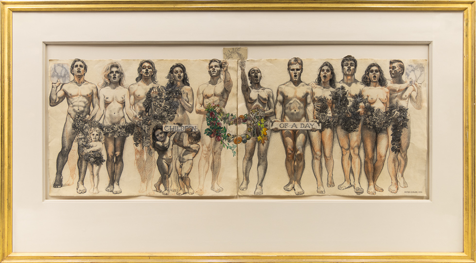 This is a drawing of various nude figures holding objects inside a gilded frame.