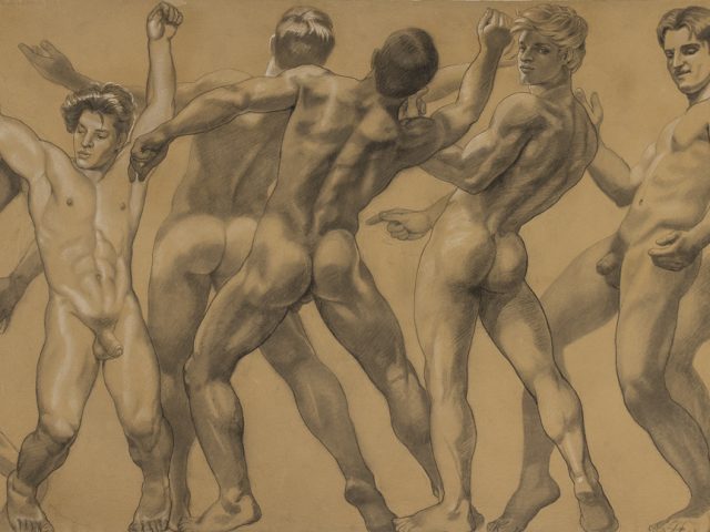 This is a drawing of various nude men in an array of portraits.