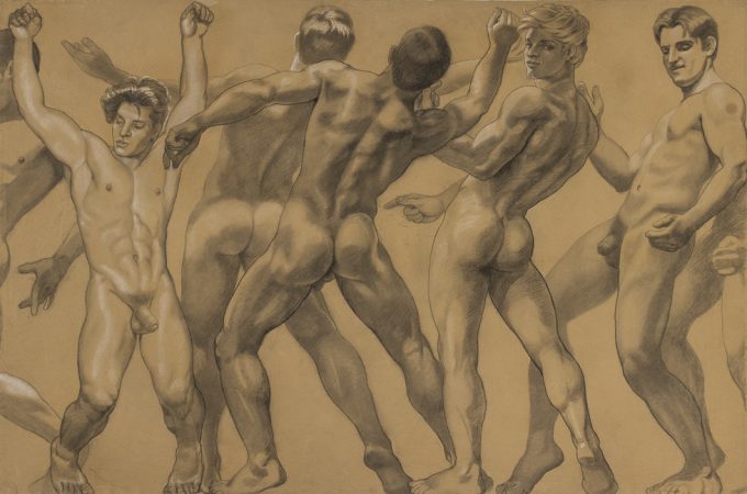 This is a drawing of various nude men in an array of portraits.