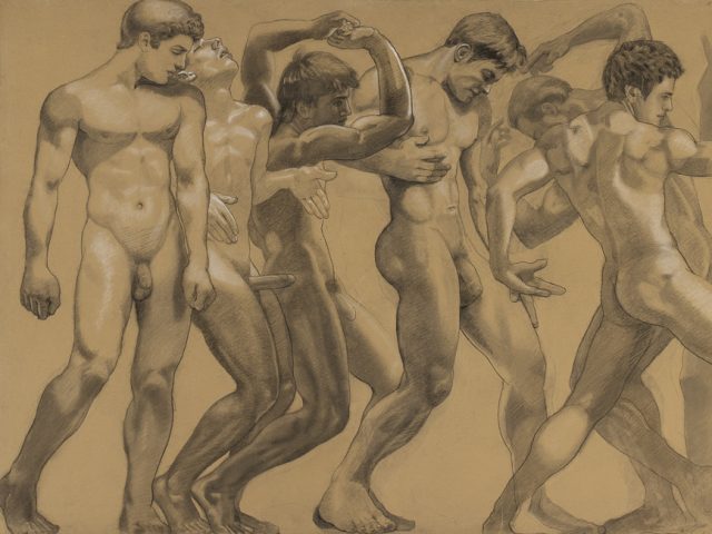 This is a drawing of various nude men in an array of portraits.