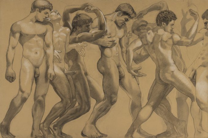 This is a drawing of various nude men in an array of portraits.