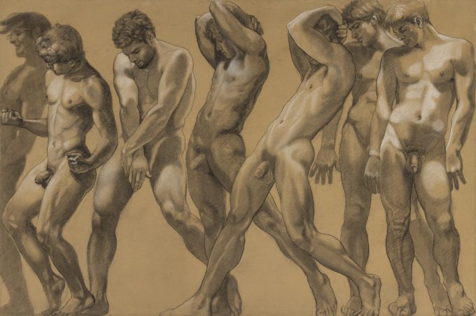 This is a drawing of a line of various nude men on buff paper.