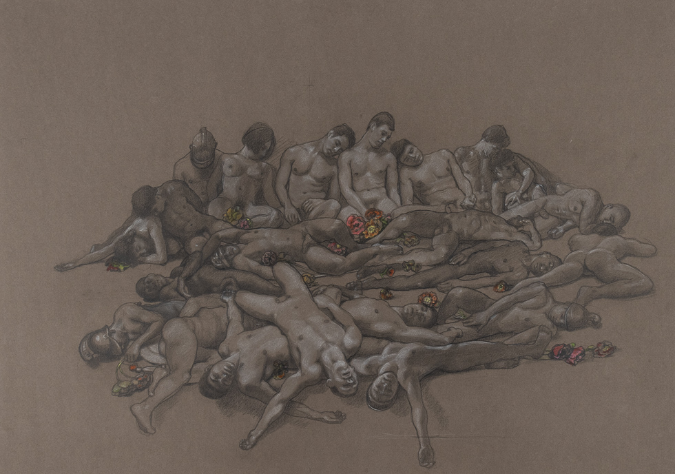 This is a drawing of various nude people in a pile on gray paper.