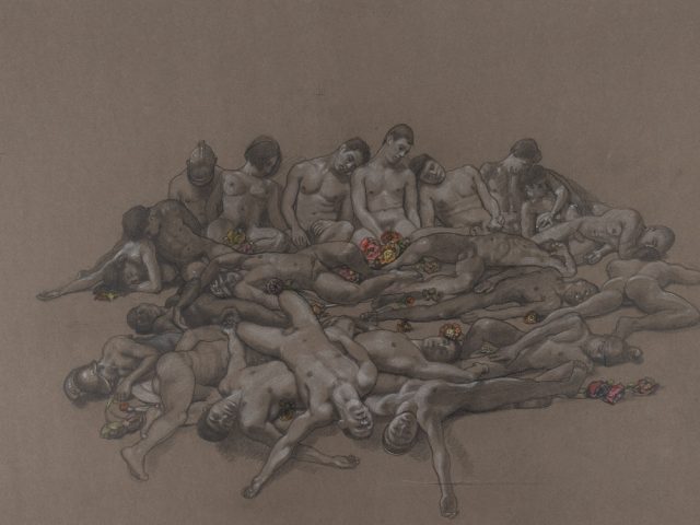 This is a drawing on brownish paper of multiple naked figures in a pile exhausted after a bacchanal.