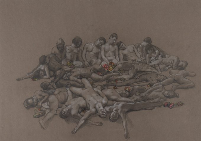 This is a drawing on brownish paper of multiple naked figures in a pile exhausted after a bacchanal.